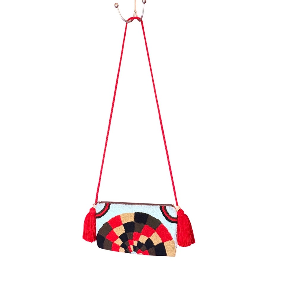 Artisan Punch Needle Crossbody Bag Red Black Geometric Tassel Boho Shoulder Bag